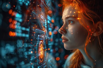 Futuristic portrait of a woman interacting with a digital interface, illuminated by glowing lights and advanced holographic technology