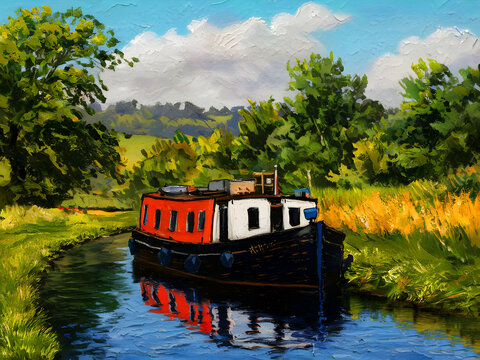 A traditional tole painting depicting a narrow boat or canal boat with texture.