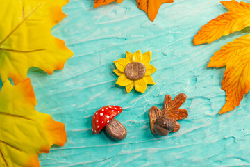 Handmade Air Dry Clay Fridge Magnets. Autumn Figurines. Mushroom, Sunflower, Oak leaf and Acorn. Autumn leaves detail frame.