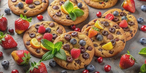 Chocolate chip cookies with colorful fresh fruit toppings, cookies, chocolate chip, fruit, colorful, fresh, delicious, sweet