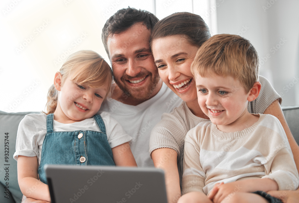 Canvas Prints Sofa, video call and parents with children on tablet for communication, contact and networking. Family, relax and mom, dad and kids on digital tech for relationship, talking and bonding in home