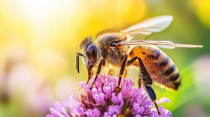 Fototapeta premium A bee perches atop a purple blossom alongside another bee atop the same hue