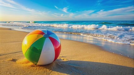 Obraz premium Colorful inflatable beach ball on sandy beach, summer, fun, beach, vibrant, colorful, toy, leisure, recreation, vacation, playful
