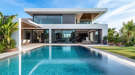 Fototapeta premium Modern White House with Swimming Pool and Lush Greenery