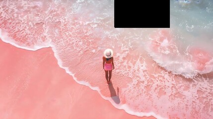 Aerial view of a woman on a pink ocean beach