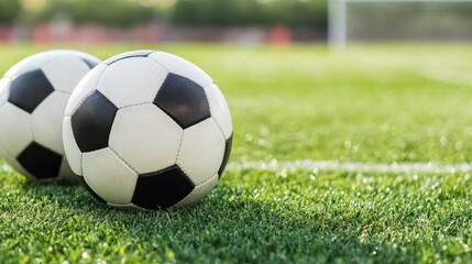 Fototapeta premium Soccer balls resting on green grass in a bright outdoor field