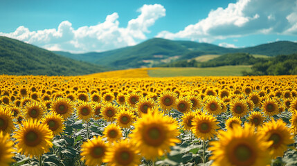 Wonderful panoramic view from above Sunflower field	