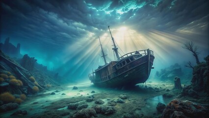 Fototapeta premium Eerie underwater scene with sunken ship and ghostly terrain, creating a haunting atmosphere, underwater, sunken ship, ghostly