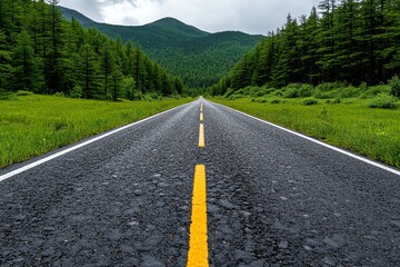 A tranquil, winding road stretches through lush greenery and majestic mountains, inviting adventure and exploration in nature.