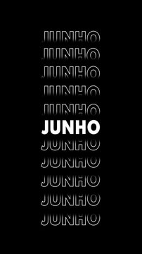 Palavras "junho" com efeito glitch e contorno branco, se multiplicando verticalmente.