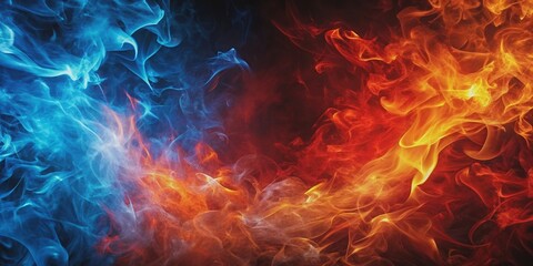 Fototapeta premium Fiery background with red and blue flames battling each other, red, blue, flames, fire, fight, background, intense, clash