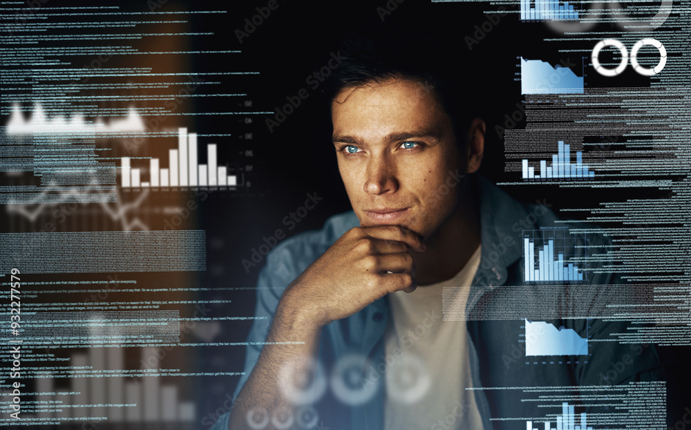 Wall mural man, overlay and think on computer with data analysis at night for ideas, overtime and deadline for 