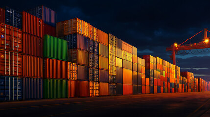 Fototapeta premium A row of colorful shipping containers at a port at dusk. The containers are stacked high, and a crane is visible in the background.