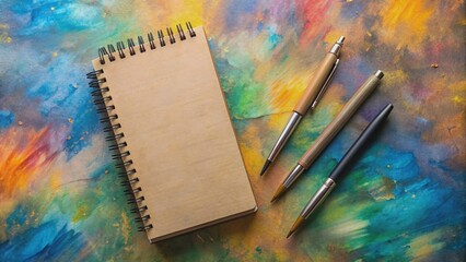 Craft spiral notebook and pens on artistic background , craft, spiral notebook, pens, artistic, background, stationery