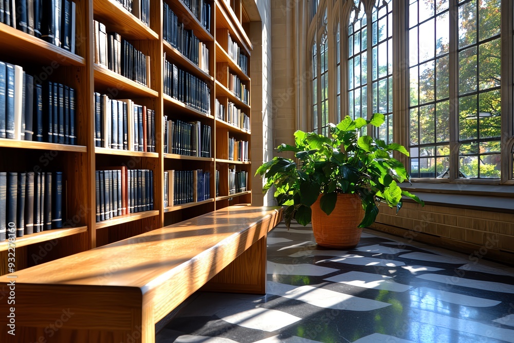Aufkleber a tranquil library scene with sunlight filtering through large windows, illuminating wooden shelves 