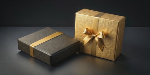 Two black boxes mockup with golden wrapping paper, opened and closed on black background , gift, present, black box, gold