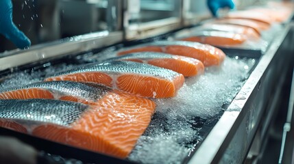 Freshly caught salmon being processed at a fish factory