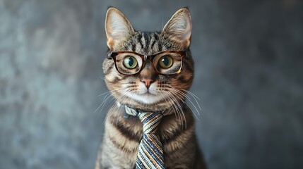 Funny cat in a tie and glasses on gray background