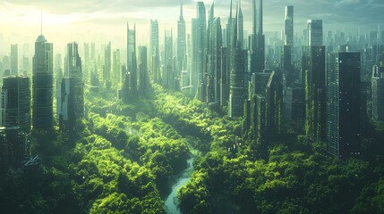 Futuristic city with skyscrapers and green forest