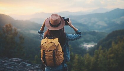A traveler capturing a scenic landscape at sunset with a camera.