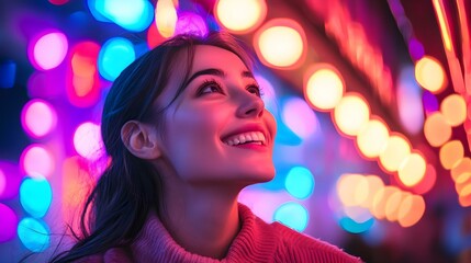 Happy young woman looking at neon lights