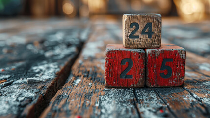 Wooden cube with numbers 24 to 25 close-up	