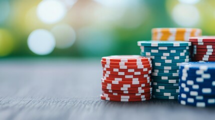 Stacks of colorful poker chips on a wooden table with blurred background lights