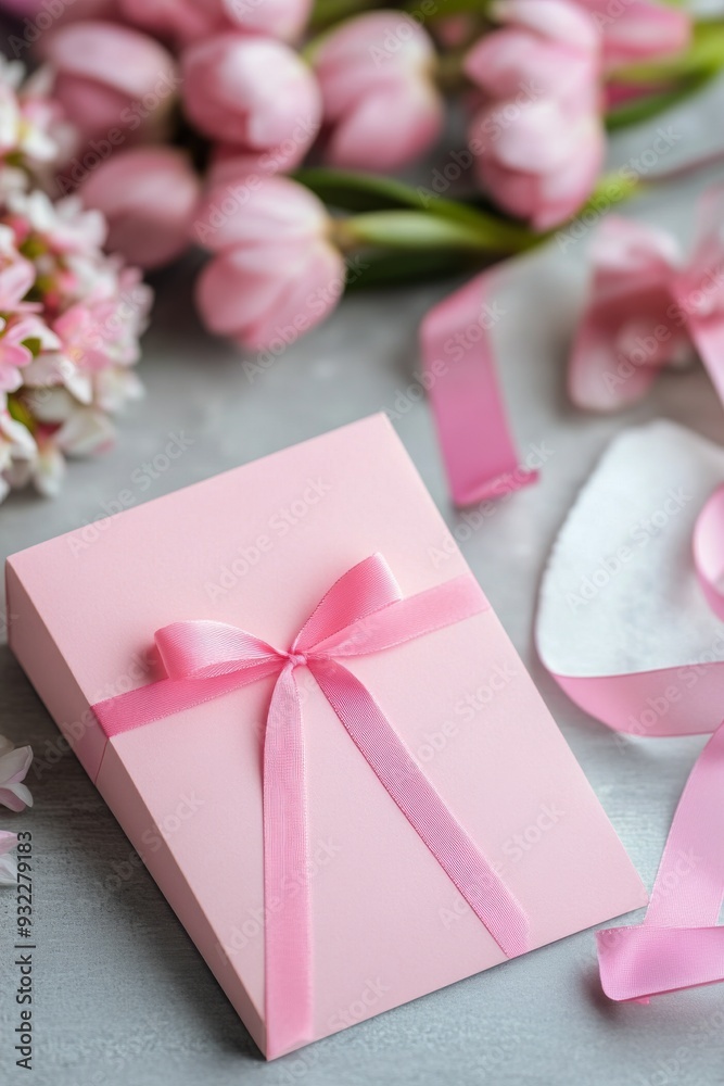 Wall mural gift box wrapped with pink ribbon surrounded by fresh flowers and decorative ribbons