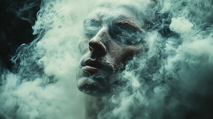 A man's face emerges from a swirling cloud of smoke.