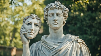 Obraz premium A marble statue of a man holding a mask in front of his face, symbolizing duality, performance, and identity.