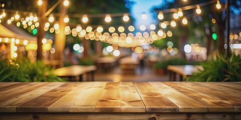 Abstract wooden board with night light bokeh of restaurant at night festival in garden