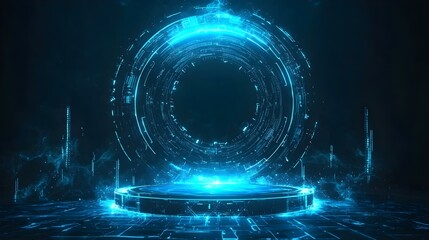 Podium with light hologram tech technology background