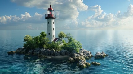 a lighthouse on an island in the middle of the ocean