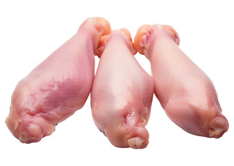 Fototapeta premium Three pieces fresh raw chicken legs meat isolated on white background, transparent background, clipping path, remove background, pen tool path, png background
