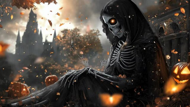 skeleton girl sitting under autumn tree with pumpkin lantern and dark haunted mansion as background
