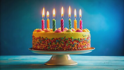 Vibrant and elegant birthday cake adorned with colorful candles, birthday, cake, celebration, dessert, candles, colorful