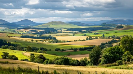 Obraz premium Scenic landscape view of rolling hills and pastoral countryside