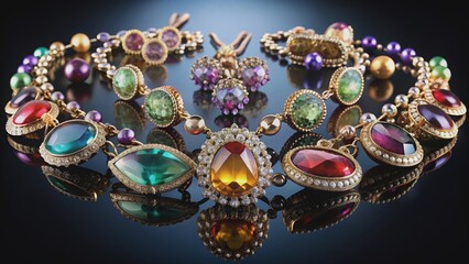 Collection of luxurious gemstone jewellery shining in the dark lighting , gems, gemstones, jewellery, collection, luxury