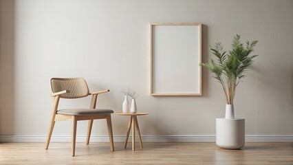 Minimalist blank frame mockup in modern interior with trendy vase and chair, blank frame, mockup, modern interior, trendy