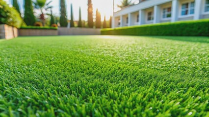 Artificial green turf resembling real grass for landscaping projects, synthetic, rolled, realistic, lush