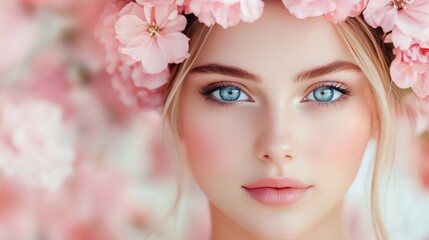 Fototapeta premium Beautiful woman with blue eyes framed by pink cherry blossom flowers