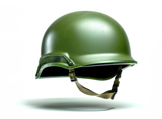 Fototapeta premium Capacete militar verde com alça de presilha flutuando em fundo branco com sombra