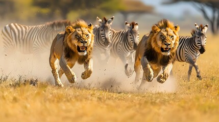 Wildlife photography of lions chasing zebras across the savanna