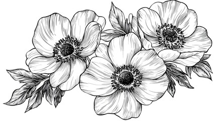 Vector illustration of black and white anemone floral botanical flowers
