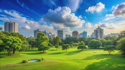 Obraz premium Expansive green park under blue sky, park, green, trees, nature, landscape, outdoor, grass, relaxation, serene, peaceful