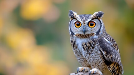 Majestic owl perched on a branch in forest during autumn afternoon