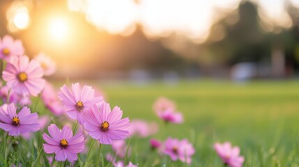 Obraz premium Wildflowers blooming in a sunlit meadow during early morning