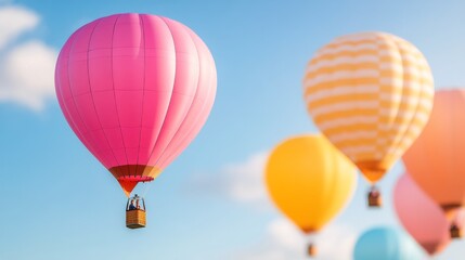 Fototapeta premium Hot air balloons soaring in the blue sky at an autumn festival in the countryside