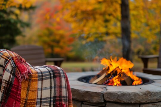 A cozy outdoor setting with a warm fire pit and a plaid blanket next to it. Warm fire pit for a relaxing fall feel.
