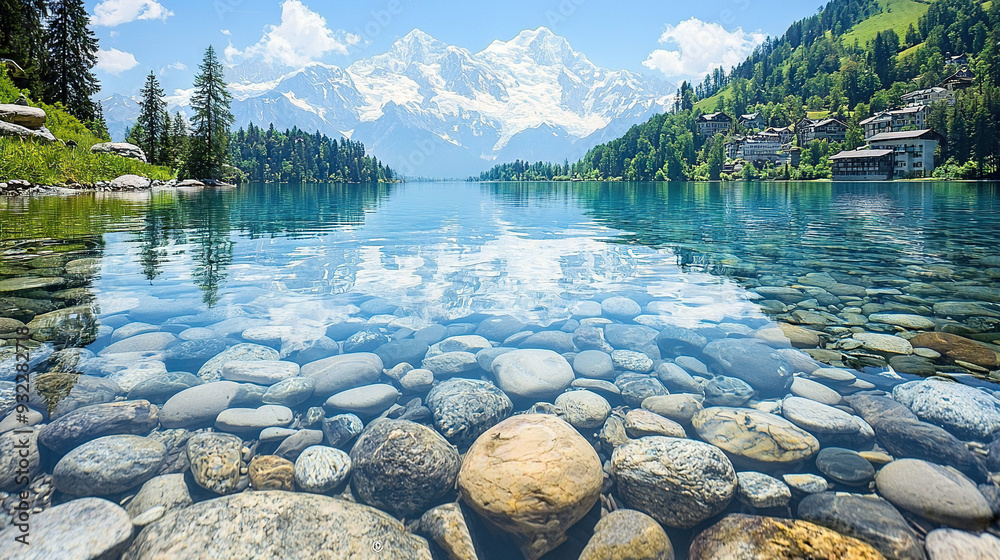 Poster   A picturesque scene of a vast lake bordered by a lush forest, with a majestic snow-capped mountain in the backdrop, and rocks in the foreground and trees dot